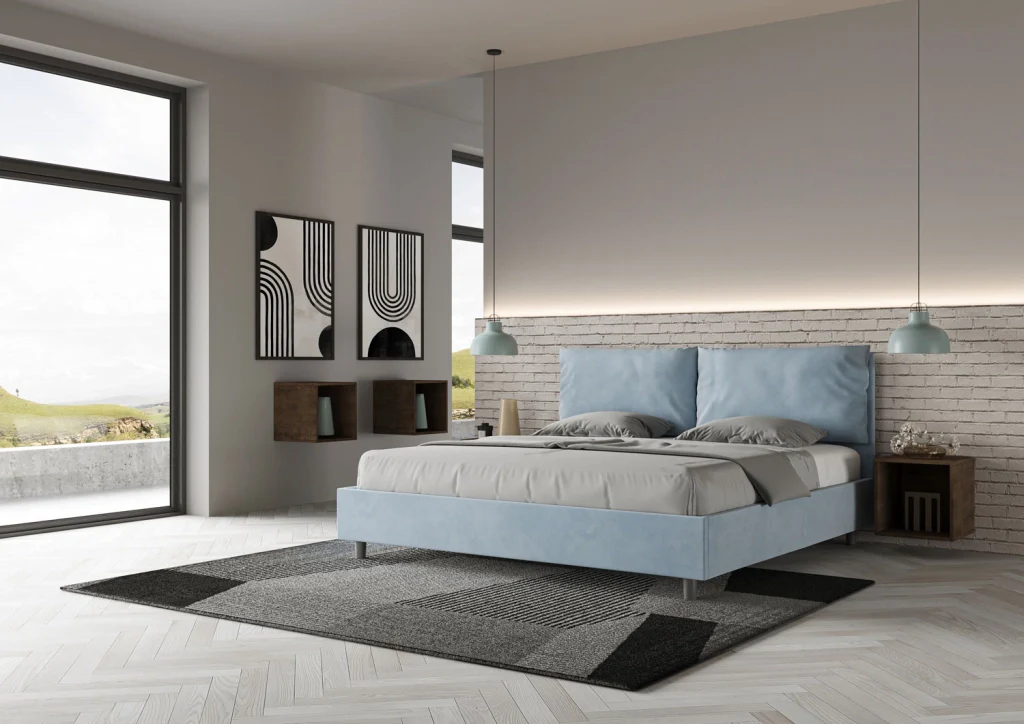 BS COM Letto matrimoniale king size contenitore imbottito 200x200 microfibra azzurro - Image 4