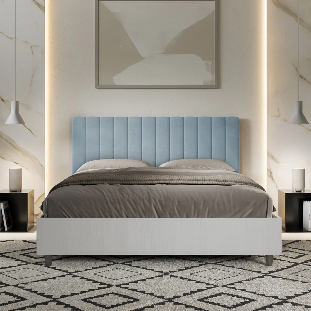BS COM Letto matrimoniale senza rete 160x190 bianco frassino testata microfibra azzurro - Image 2
