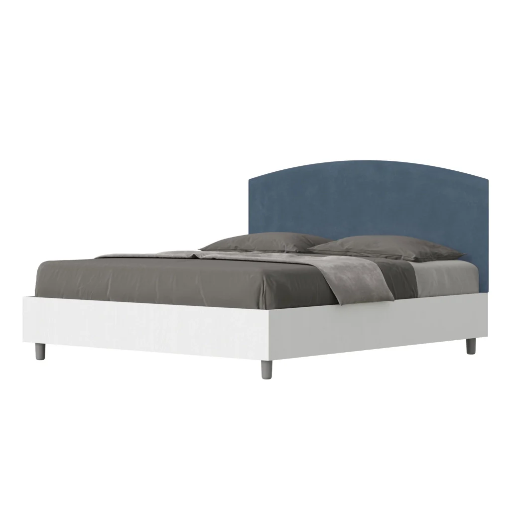 BS COM Letto matrimoniale senza rete 160x190 bianco frassino testata microfibra blu