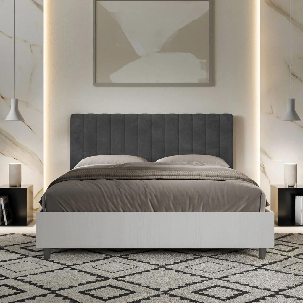 BS COM Letto matrimoniale senza rete 160x190 bianco frassino testata microfibra grigio - Image 2