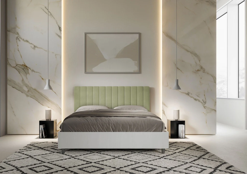 BS COM Letto matrimoniale senza rete 160x190 bianco frassino testata microfibra tè verde - Image 2