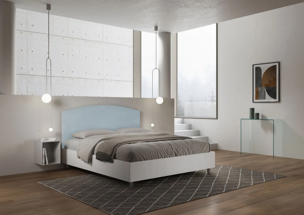BS COM Letto matrimoniale senza rete 160x200 bianco frassino testata microfibra azzurro - Image 3