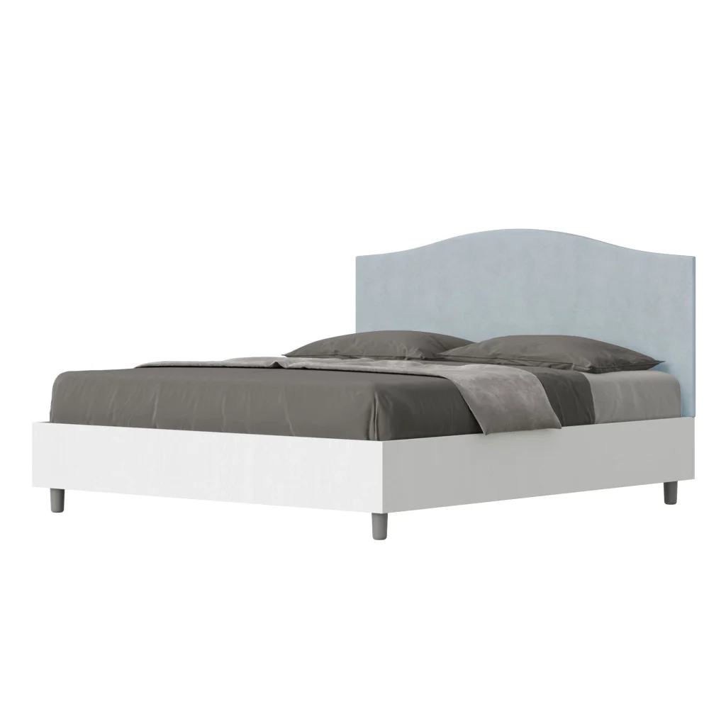 BS COM Letto matrimoniale senza rete 160x200 bianco frassino testata microfibra azzurro