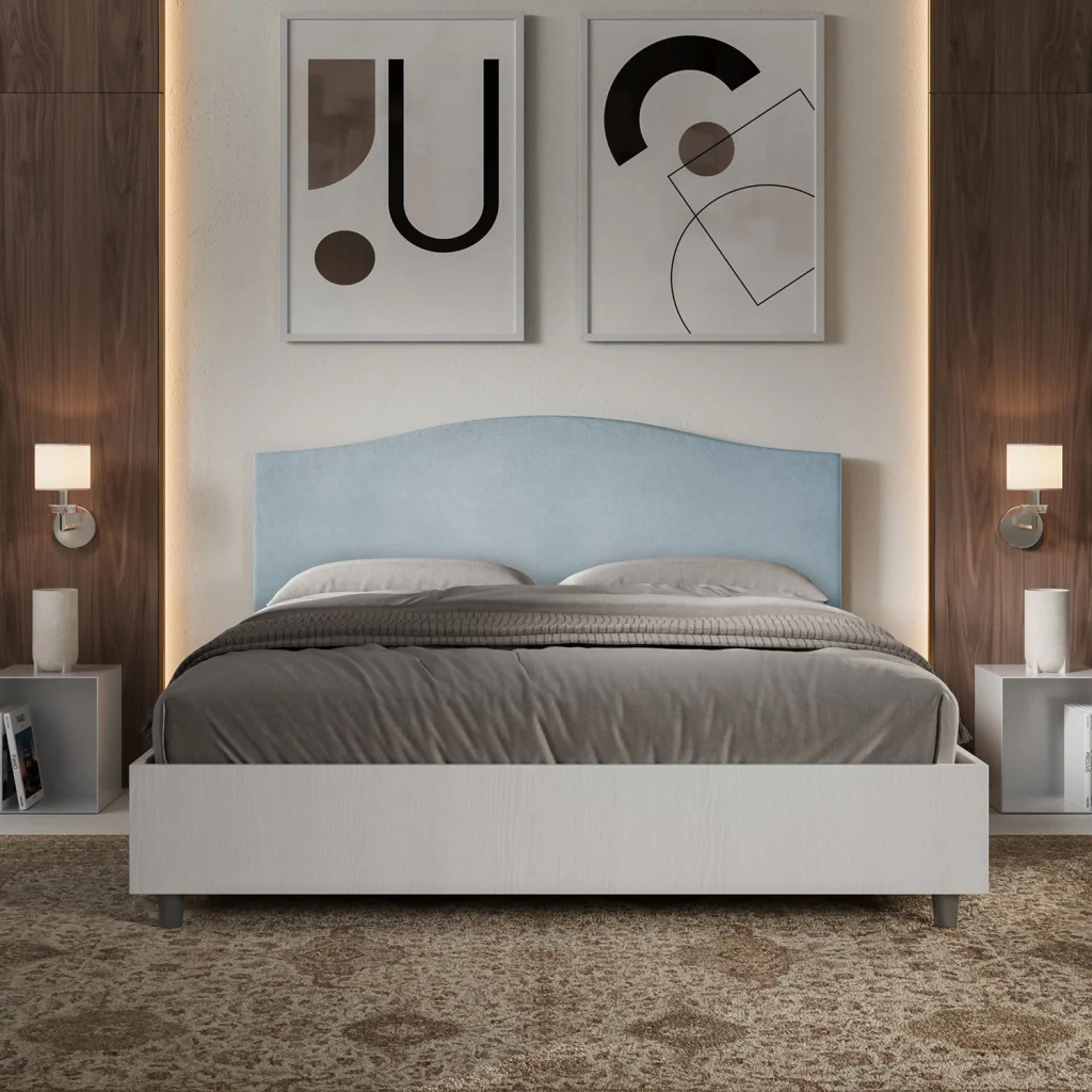 BS COM Letto matrimoniale senza rete 160x200 bianco frassino testata microfibra azzurro - Image 2