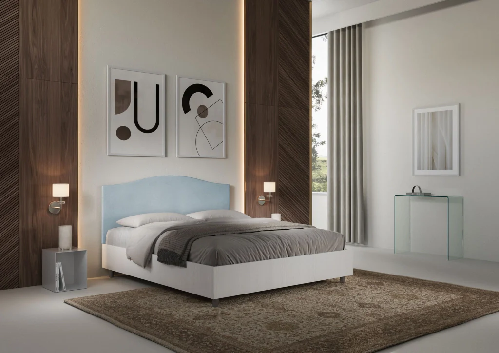 BS COM Letto matrimoniale senza rete 160x200 bianco frassino testata microfibra azzurro - Image 3