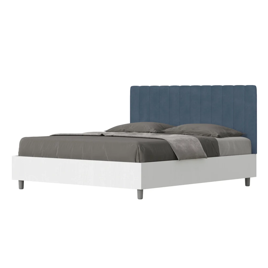BS COM Letto matrimoniale senza rete 160x200 bianco frassino testata microfibra blu