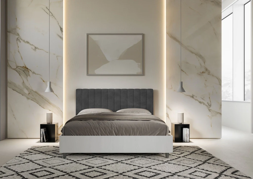 BS COM Letto matrimoniale senza rete 160x200 bianco frassino testata microfibra grigio - Image 2