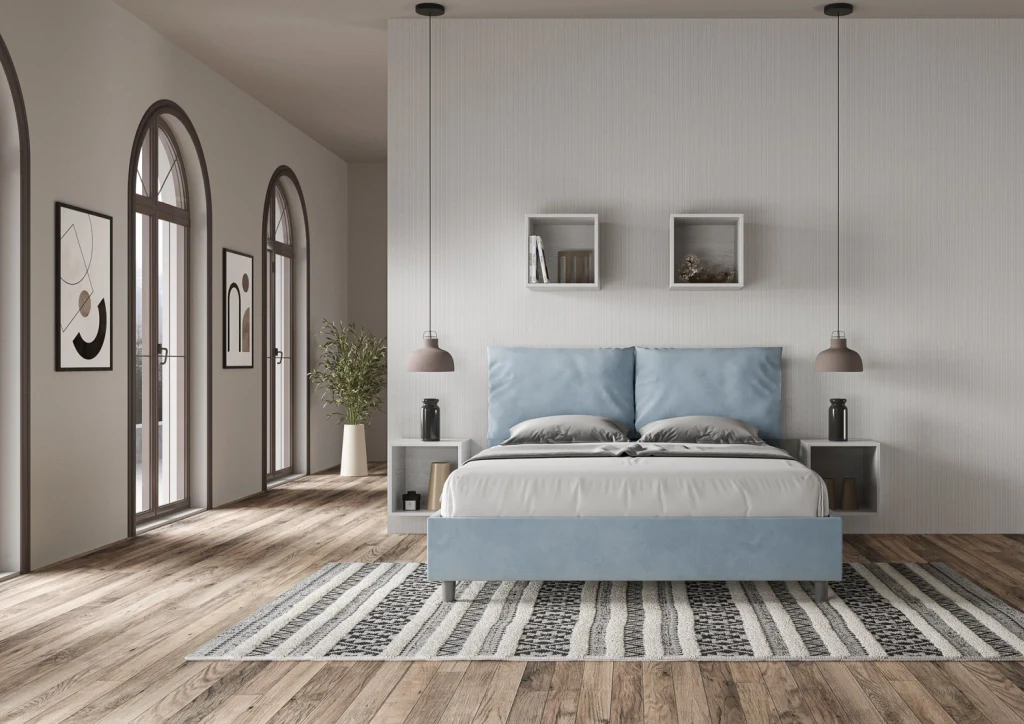 BS COM Letto matrimoniale senza rete imbottito 160x190 microfibra azzurro - Image 3