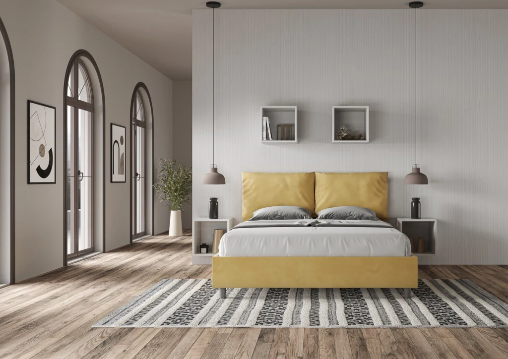 BS COM Letto matrimoniale senza rete imbottito 160x200 microfibra ocra - Image 3