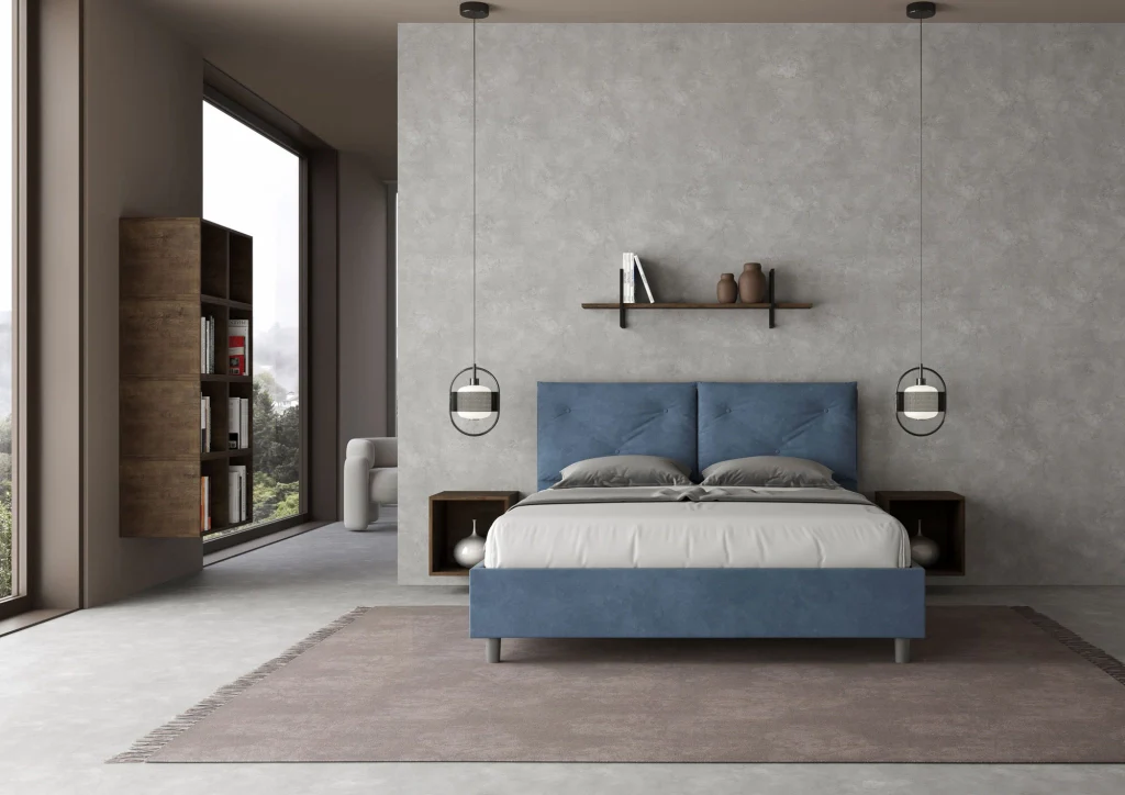BS COM Letto queen size con rete imbottito 150x190 microfibra blu Large - Image 4