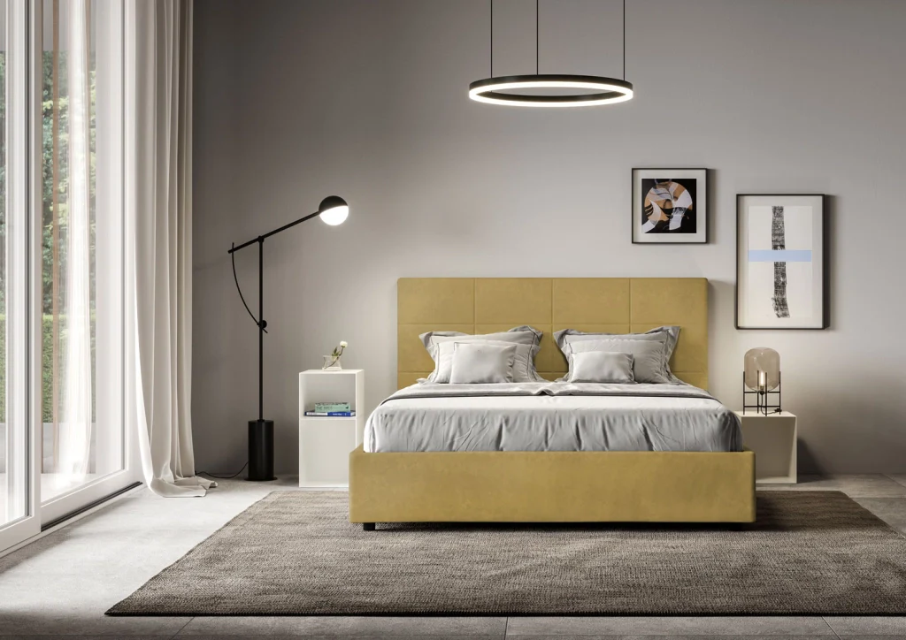 BS COM Letto queen size con rete imbottito 150x190 microfibra ocra - Image 4