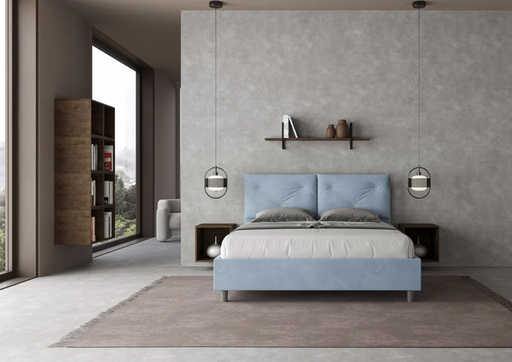 BS COM Letto queen size con rete imbottito 150x200 microfibra azzurro Large - Image 3