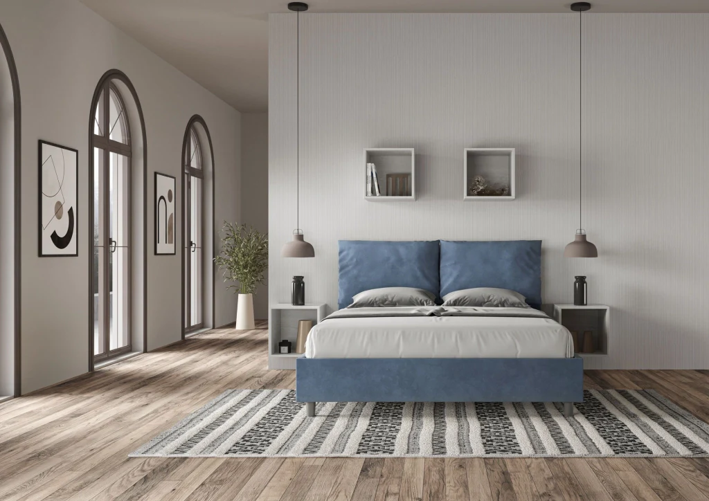 BS COM Letto queen size con rete imbottito 150x200 microfibra blu - Image 2