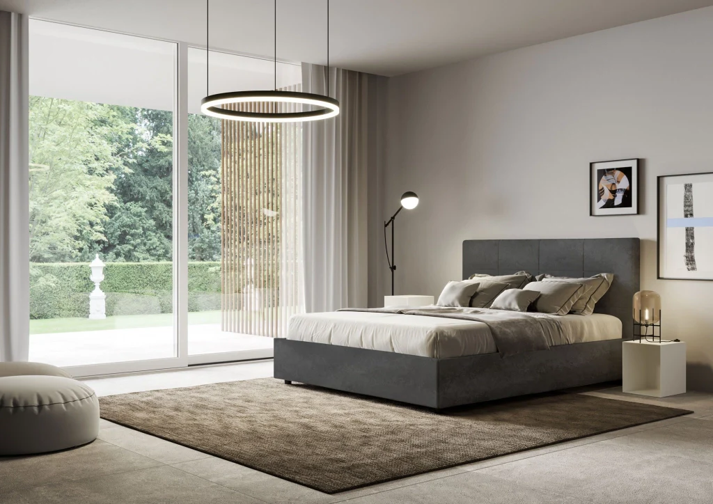 BS COM Letto queen size con rete imbottito 150x200 microfibra grigio - Image 4