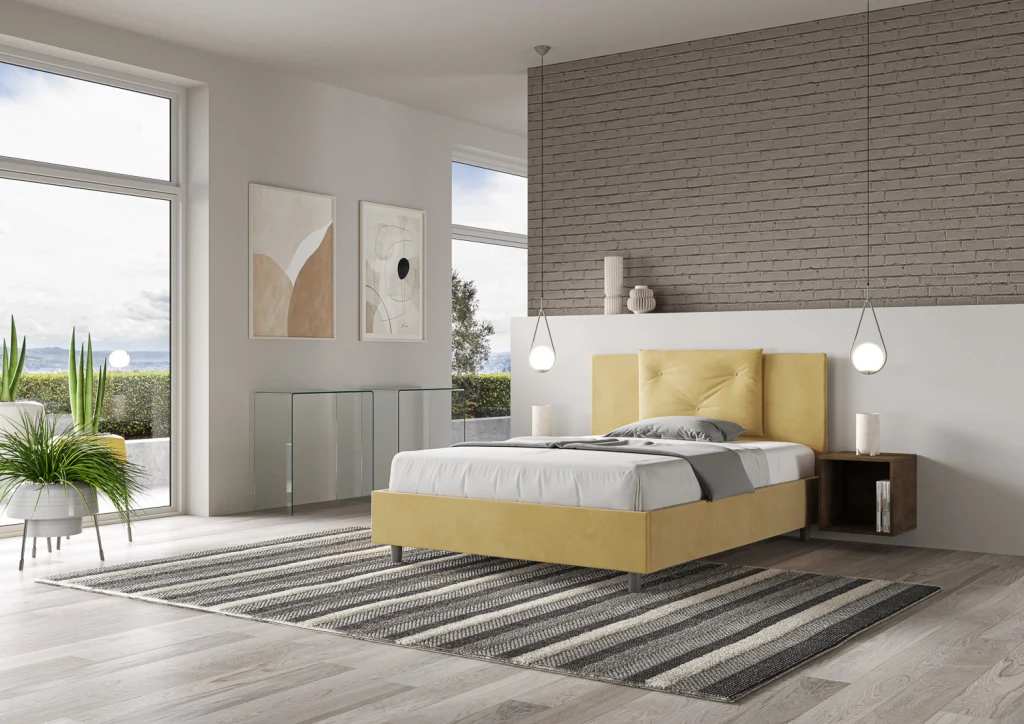 BS COM Letto queen size con rete imbottito 150x210 microfibra ocra - Image 3