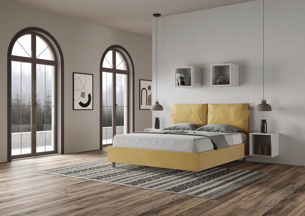 BS COM Letto queen size con rete imbottito 150x210 microfibra ocra - Image 2
