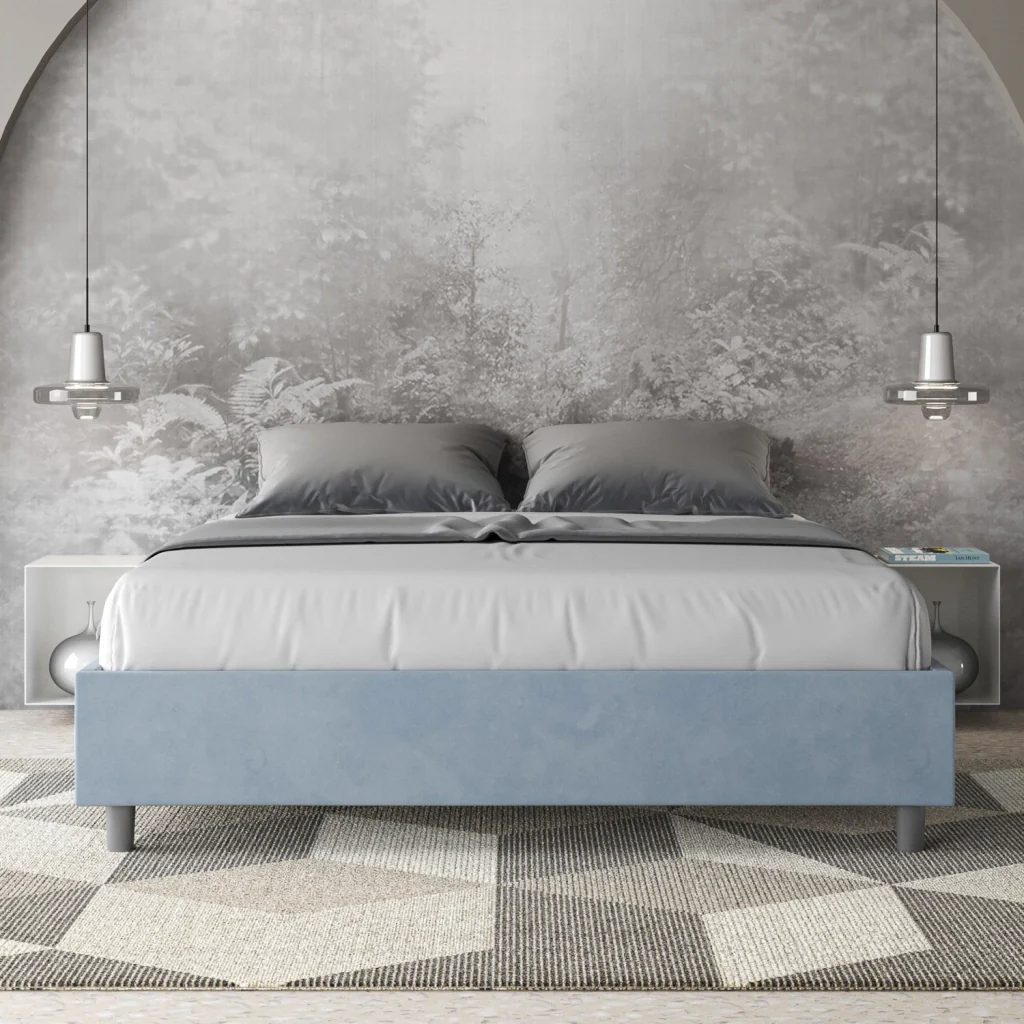 BS COM Letto queen size senza rete imbottito 150x200 microfibra azzurro - Image 3