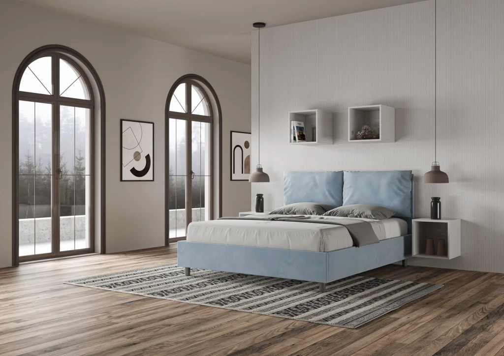 BS COM Letto queen size senza rete imbottito 150x200 microfibra azzurro - Image 4