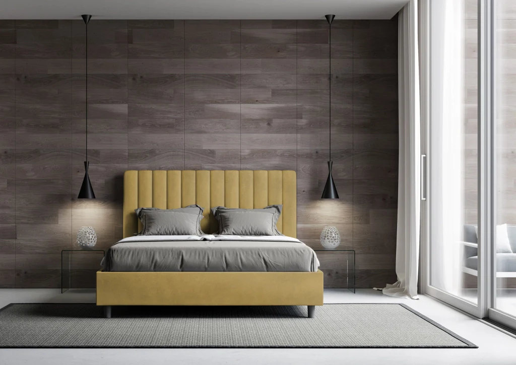 BS COM Letto queen size senza rete imbottito 150x200 microfibra ocra - Image 3