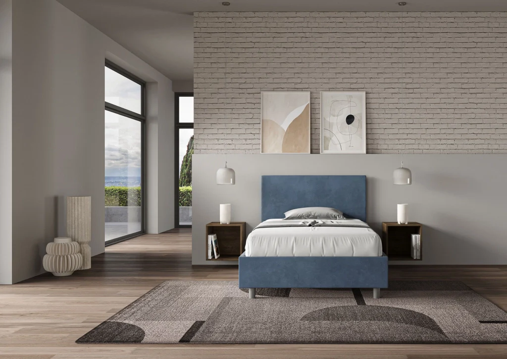 BS COM Letto singolo con rete imbottito 100x190 microfibra blu - Image 3