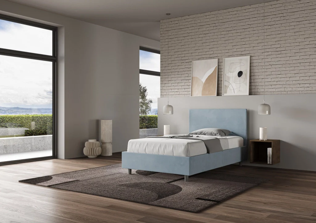 BS COM Letto una piazza e mezza con rete imbottito 110x190 microfibra azzurro - Image 2