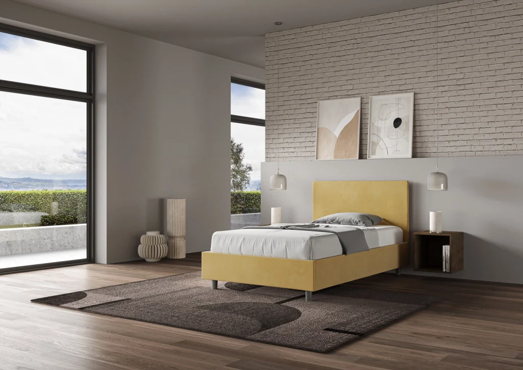 BS COM Letto una piazza e mezza con rete imbottito 110x200 microfibra ocra - Image 3