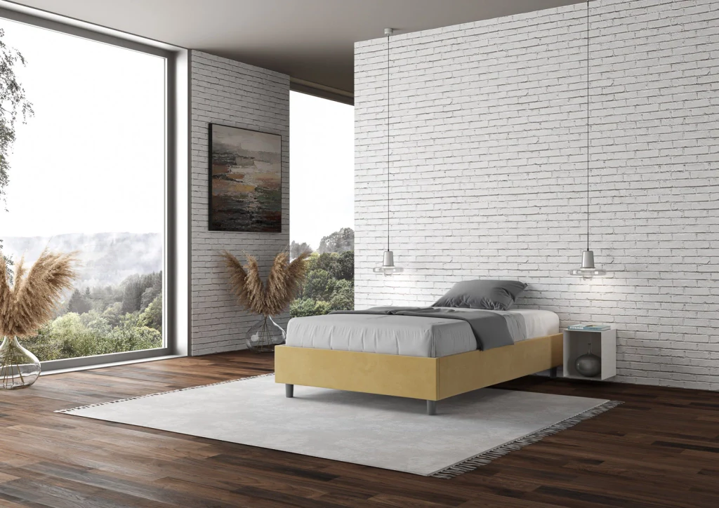 BS COM Letto una piazza e mezza con rete imbottito 110x200 microfibra ocra - Image 3