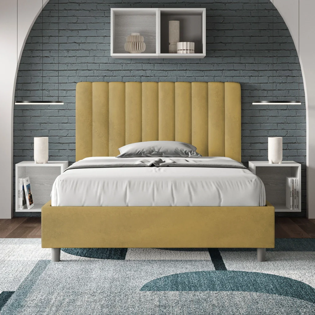 BS COM Letto una piazza e mezza con rete imbottito 120x210 microfibra ocra - Image 3