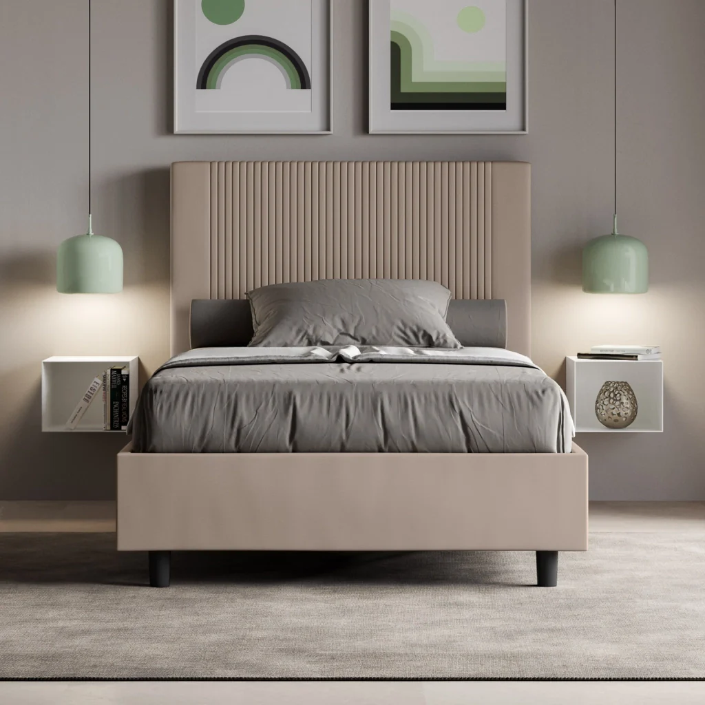 BS COM Letto una piazza e mezza con rete imbottito 130x190 similpelle tortora - Image 2
