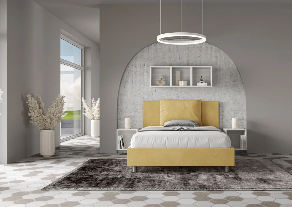 BS COM Letto una piazza e mezza con rete imbottito 130x200 microfibra ocra - Image 3