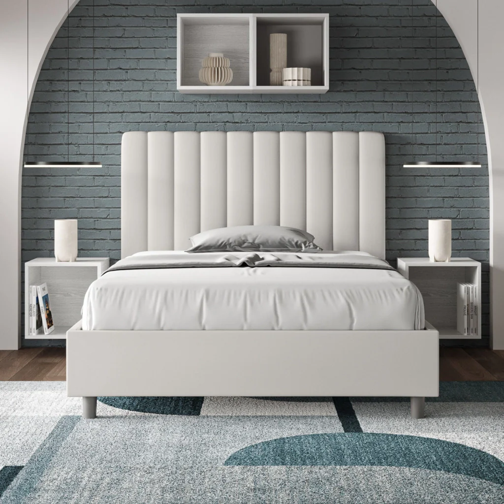 BS COM Letto una piazza e mezza con rete imbottito 130x200 similpelle bianco - Image 4