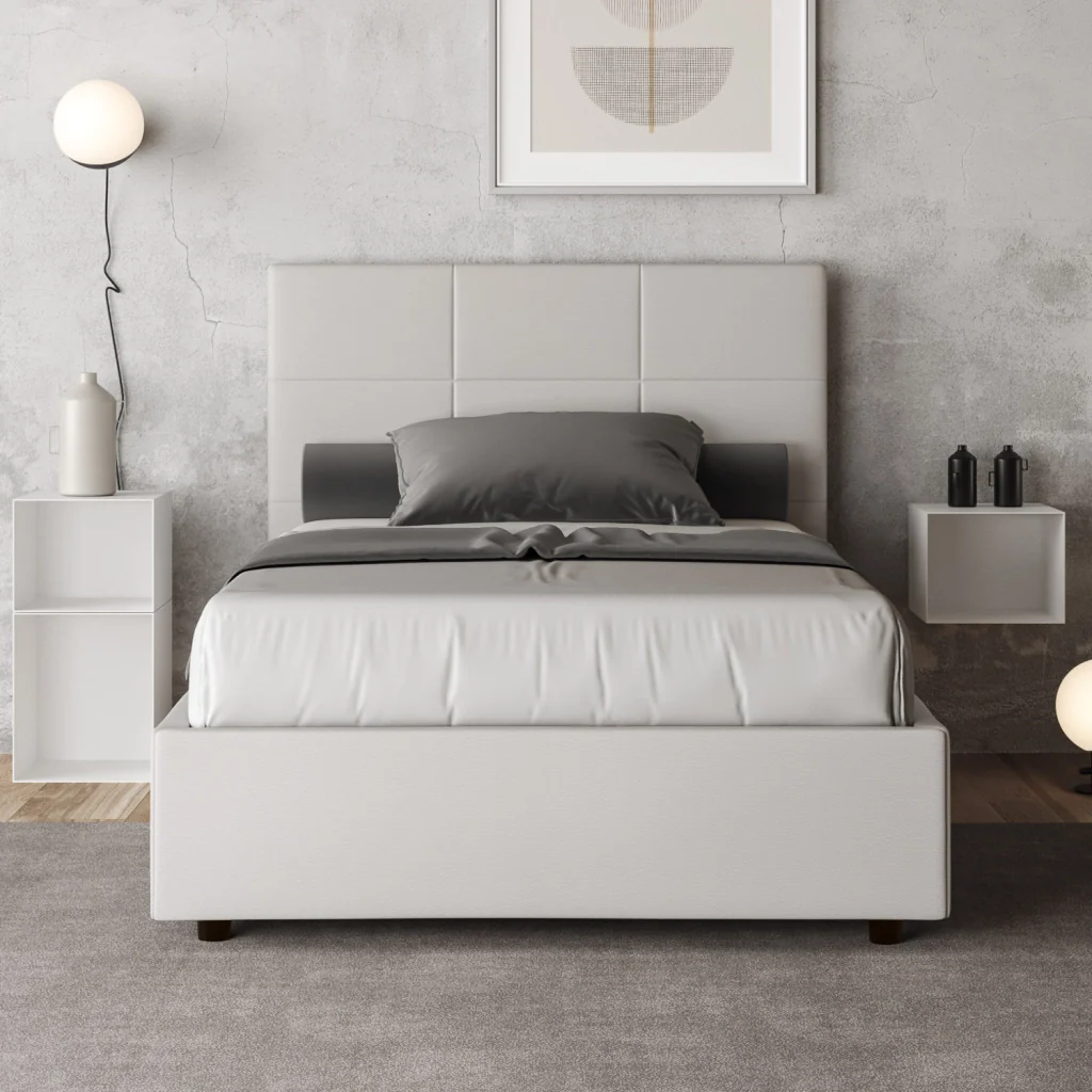 BS COM Letto una piazza e mezza con rete imbottito 130x200 similpelle bianco - Image 3