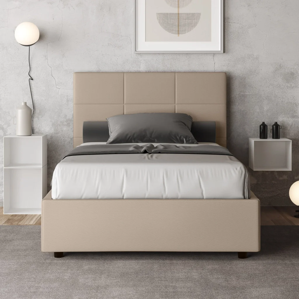 BS COM Letto una piazza e mezza con rete imbottito 130x210 similpelle tortora - Image 3