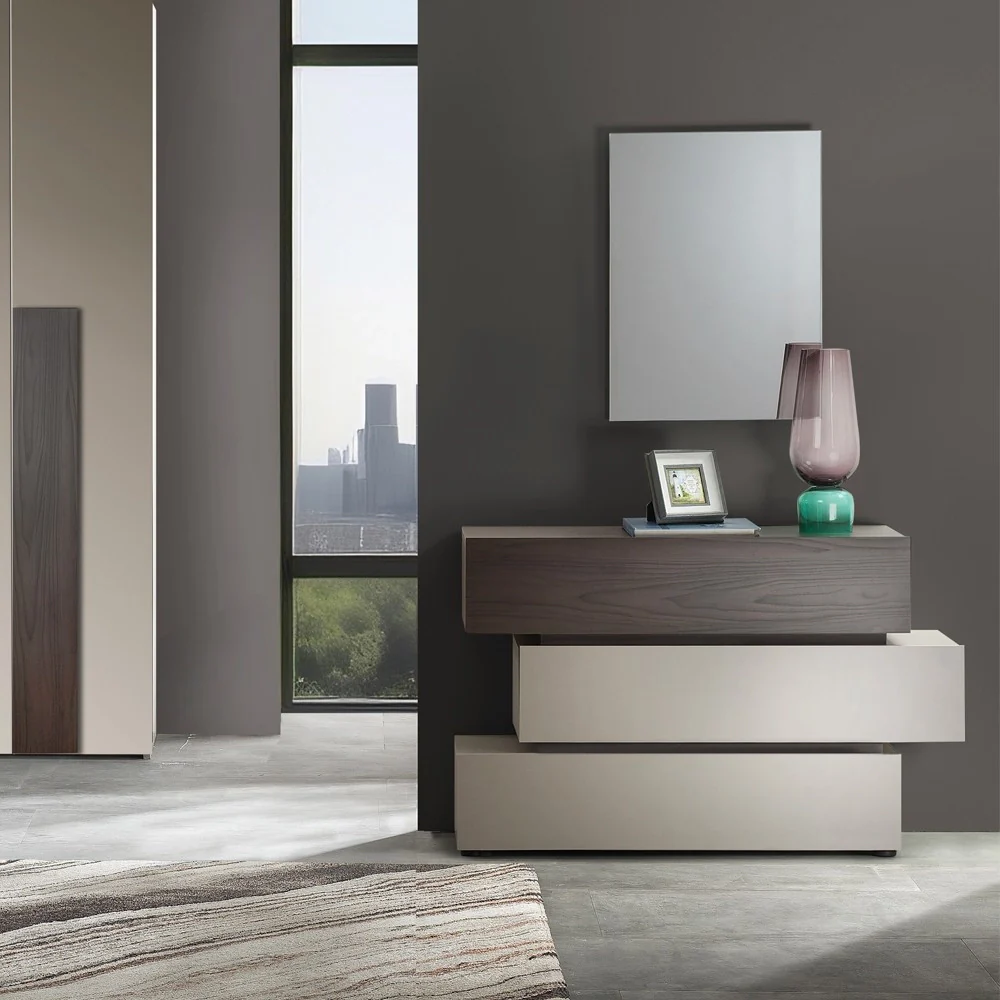 Camera da letto Kendra con letto contenitore imbottito e armadio 6 ante battenti colore tortora noce - Image 3