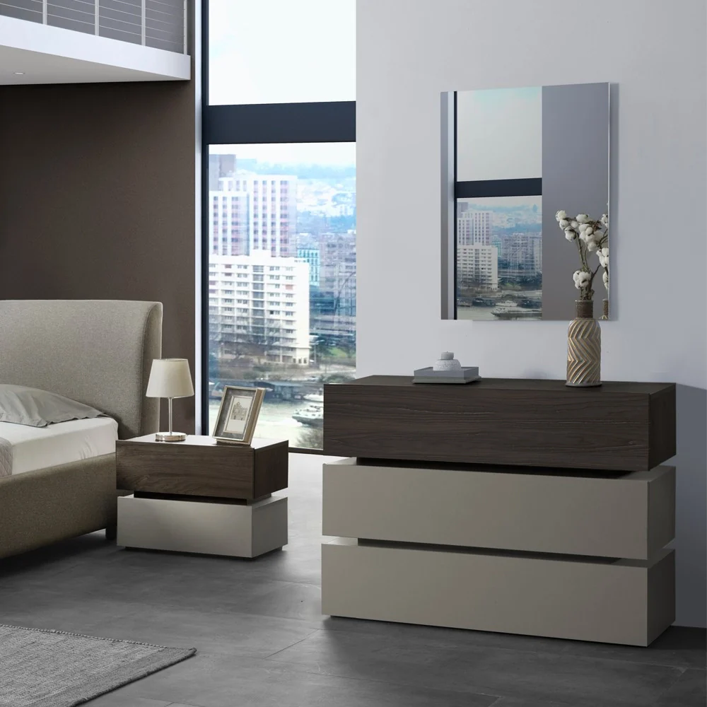 Camera da letto Kendra con letto contenitore imbottito e armadio 6 ante battenti colore tortora noce - Image 4