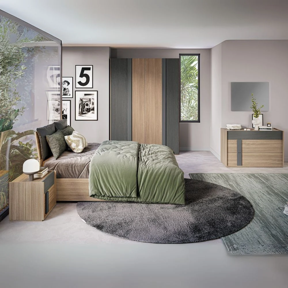 Camera da letto Faba con armadio 4 ante noce e grigio e letto contenitore in legno noce - Image 3