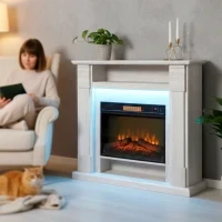 Camino Elettrico 1800W Regolabile con Fiamma 3D, Ripiano, Timer e Telecomando, 105x27x97 cm, color Legno - Image 9