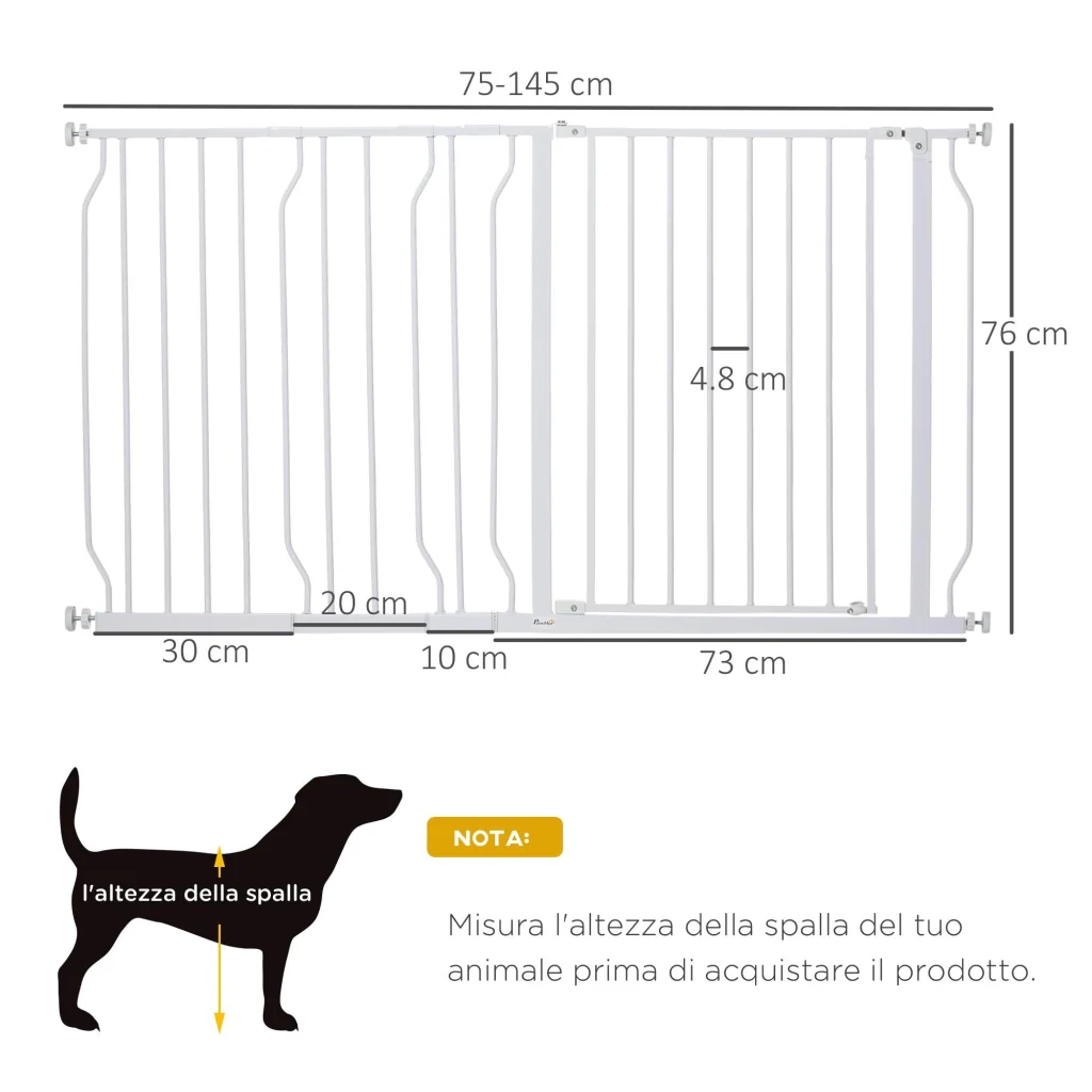 Cancelletto Sicurezza Regolabile per Cani 75-145 cm in Acciaio e ABS Bianco - Image 3