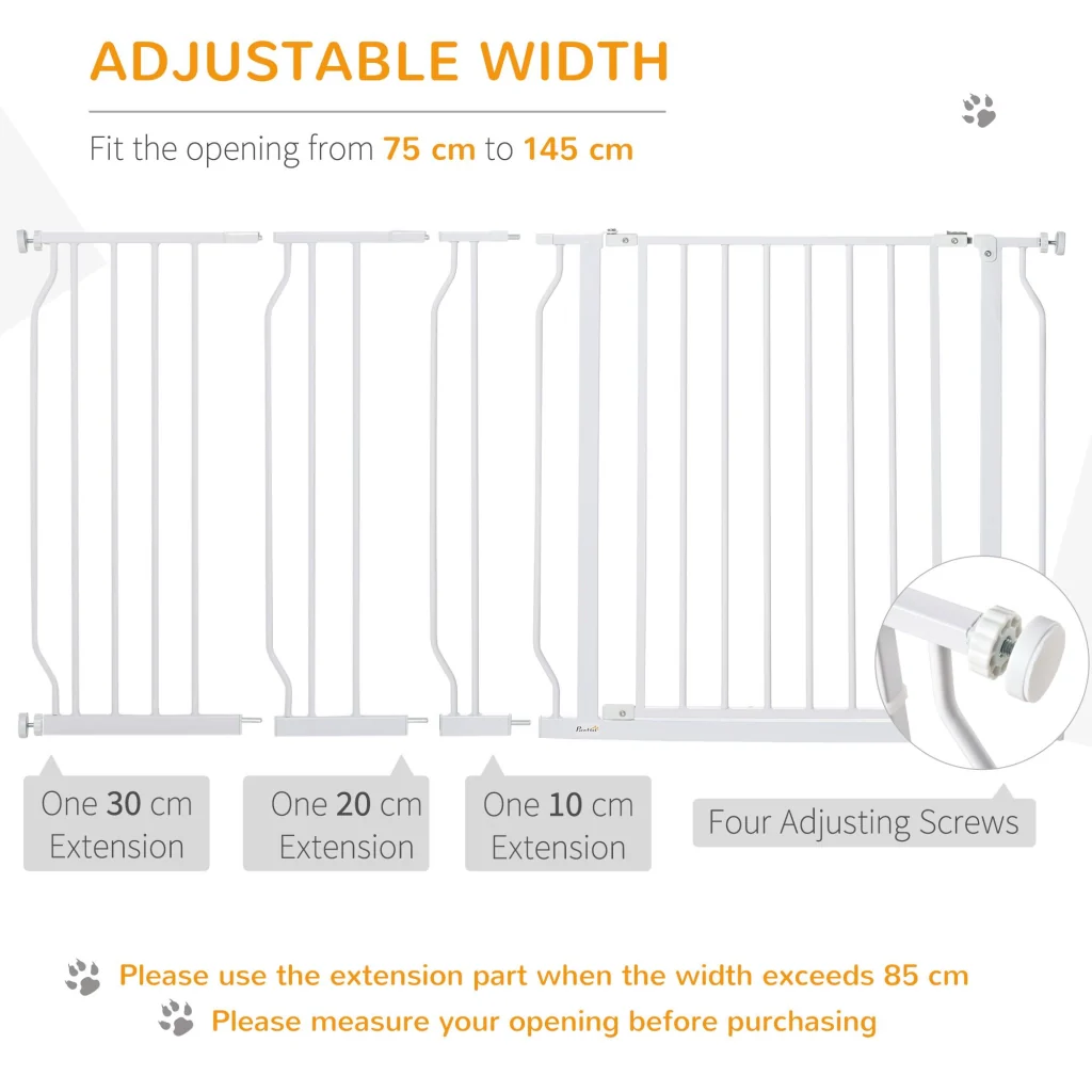 Cancelletto Sicurezza Regolabile per Cani 75-145 cm in Acciaio e ABS Bianco - Image 4