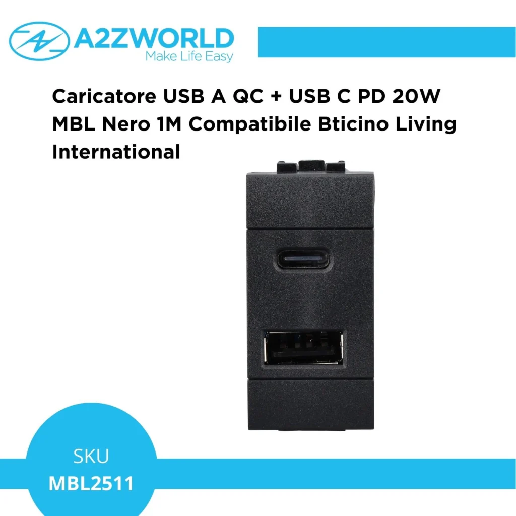Caricatore USB A QC + USB C PD 20W MBL Nero 1M Compatibile Bticino Living International BLN3002 - Image 2