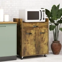Carrello da Cucina con Cassetto, Armadietto e 4 Ruote in Legno, 60x40x77cm, Marrone Rustico - Image 2