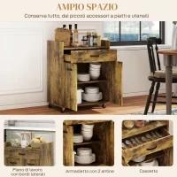 Carrello da Cucina con Cassetto, Armadietto e 4 Ruote in Legno, 60x40x77cm, Marrone Rustico - Image 4
