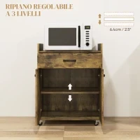 Carrello da Cucina con Cassetto, Armadietto e 4 Ruote in Legno, 60x40x77cm, Marrone Rustico - Image 5