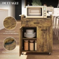 Carrello da Cucina con Cassetto, Armadietto e 4 Ruote in Legno, 60x40x77cm, Marrone Rustico - Image 7