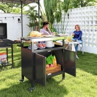 Carrello per Barbecue con Armadietto, Ripiano Aperto e Tavolino Laterale, in Acciaio Inox, 116x50x93 cm, Nero - Image 2