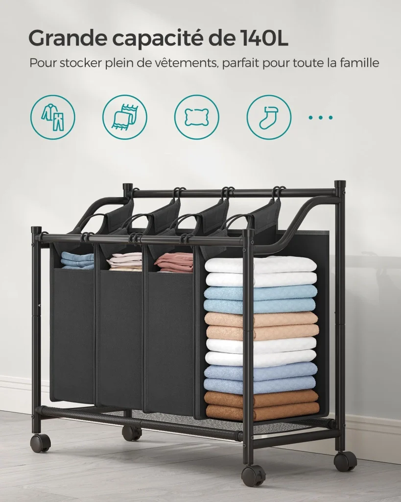 Carrello portabiancheria cesto portabiancheria cesto portabiancheria con 4 sacchi estraibili cesto portabiancheria resistente con ruote 4 x 35 litri nero 12_0004997 - Image 2