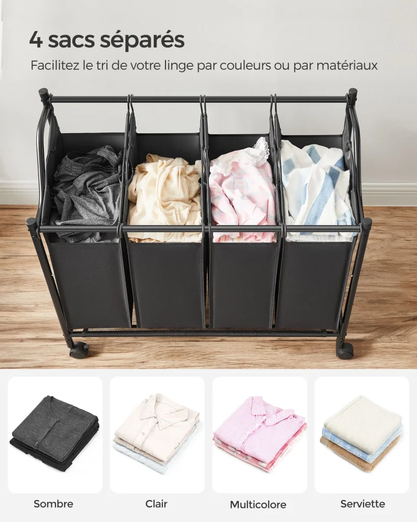 Carrello portabiancheria cesto portabiancheria cesto portabiancheria con 4 sacchi estraibili cesto portabiancheria resistente con ruote 4 x 35 litri nero 12_0004997 - Image 3