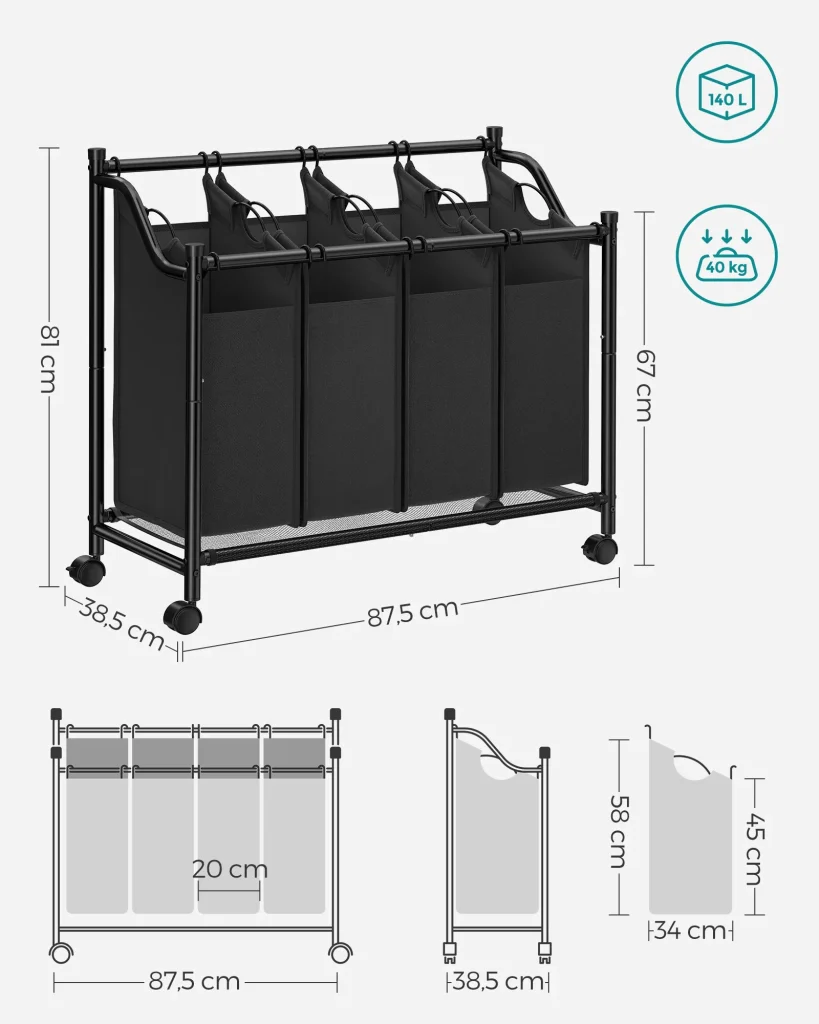 Carrello portabiancheria cesto portabiancheria cesto portabiancheria con 4 sacchi estraibili cesto portabiancheria resistente con ruote 4 x 35 litri nero 12_0004997 - Image 4