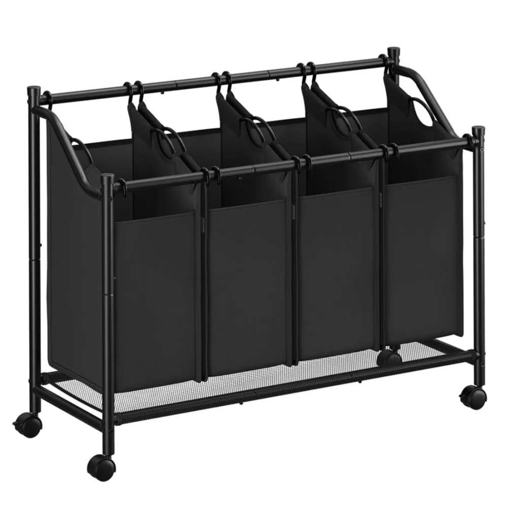 Carrello portabiancheria cesto portabiancheria cesto portabiancheria con 4 sacchi estraibili cesto portabiancheria con ruote cesto portabiancheria robusto 4 x 35 litri nero 12_0005002