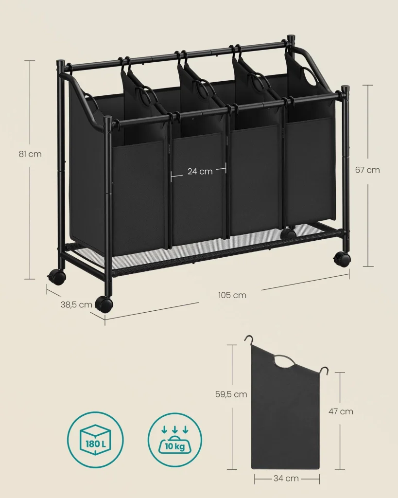 Carrello portabiancheria cesto portabiancheria cesto portabiancheria con 4 sacchi estraibili cesto portabiancheria con ruote cesto portabiancheria robusto 4 x 35 litri nero 12_0005002 - Image 2